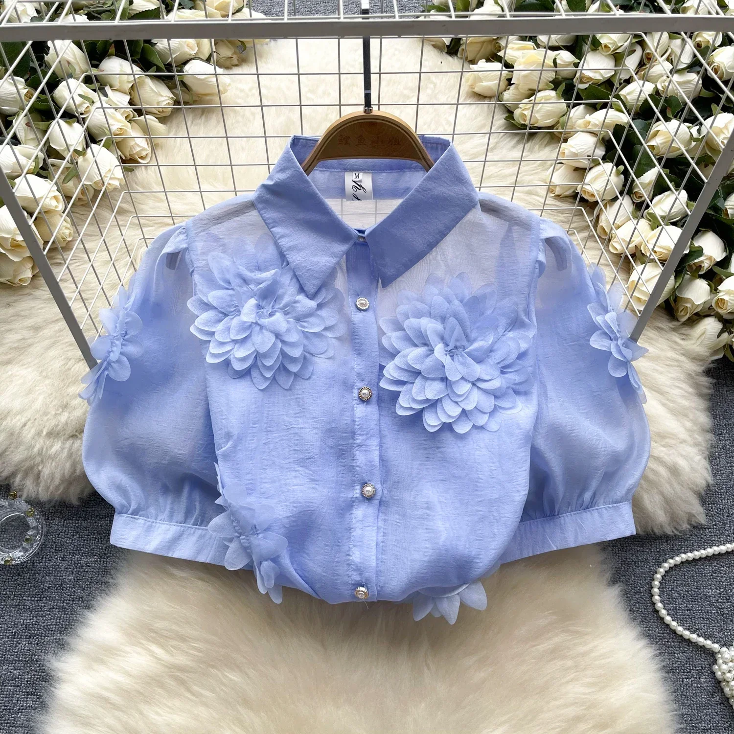 2025 New French Style 3D Floral Blouse Women Lapel Neck Short Sleeves Pearl Loose Top Fashion Hotsweet Sheer Chiffon Shirt