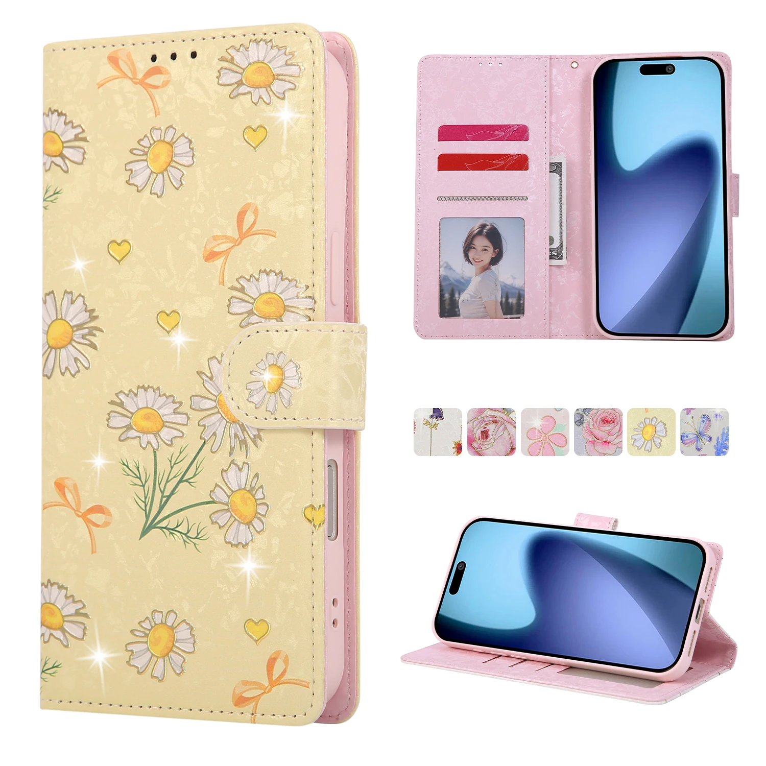Dompet Kulit Motif Bunga Anti Maling Magnetik Mewah Untuk iPhone 17 Pro Max 16 Plus 15 Plus 14 13 Penutup Lucu