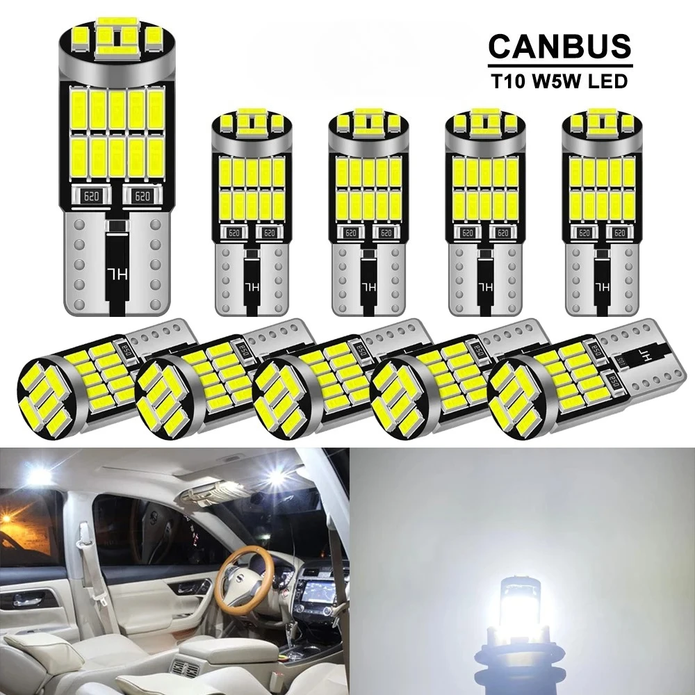 10PCS T10 W5W LED Bulb CANBUS No Error 12V 4014-26SMD 400LM 6500K Super Bright White Car Interior Dome Door Maps Trunk Lights