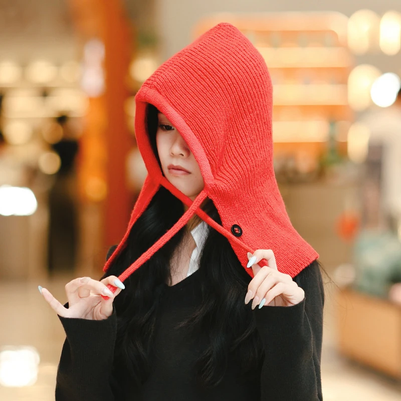 패션 솔리드 컬러 버튼 니트 모자 겨울 보온 방풍 후드 여성용