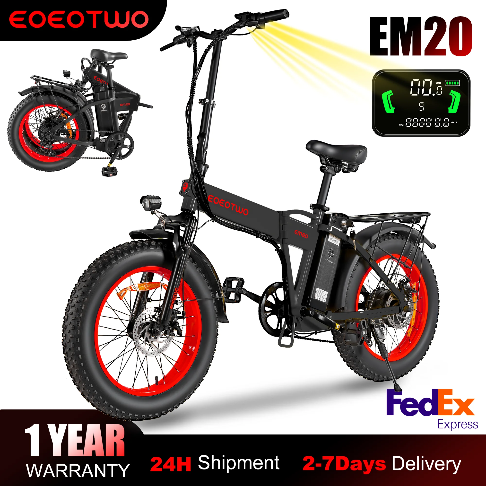 

EOEOTWO EM20 Folding Electric Bike 1000W,48V Removable Battery E-Bike,28MPH,60Mile Range,20" Fat Tire Electric Bicycle for Adult