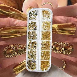 12 Girds/Box Mix Shape Clear AB Gold Rhinestones Flatback Crystal Diamond Gems 3D Glitter Press On Nails Luxury DIY Accessories*