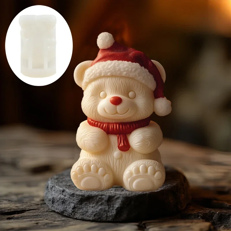 Bear Wear Christmas Hat Smile Scarf Bear Candle Silicone Mold Cute Christmas Hat Dog Resin Mold Christmas Hat Bears Gypsum Molds
