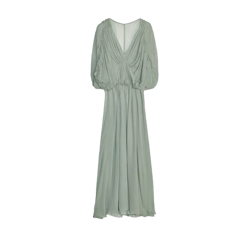 فستان نسائي صيفي بحافة غير متماثلة وياقة على شكل V وأكمام مطوية، فستان طويل بخصر مرتفع وأكمام خفاشية من البوليستر بتصميم A-line #5