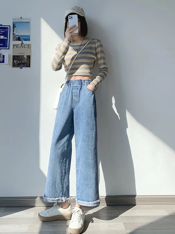 

Authentic High Waist Straight Leg Jeans Women's Chic Hong Kong Style Cuffed Ankle-Length Trendy Cotton Denim Casual Pants