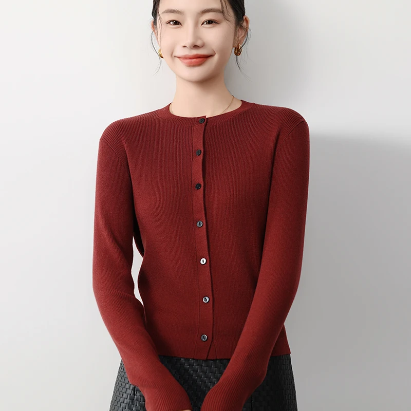 

Women Merino Wool Sweater Round Neck Pit Strip Cardigan Autumn Winter Cashmere Casual Slim Knitwear Soft Jacket Bottoming Tops