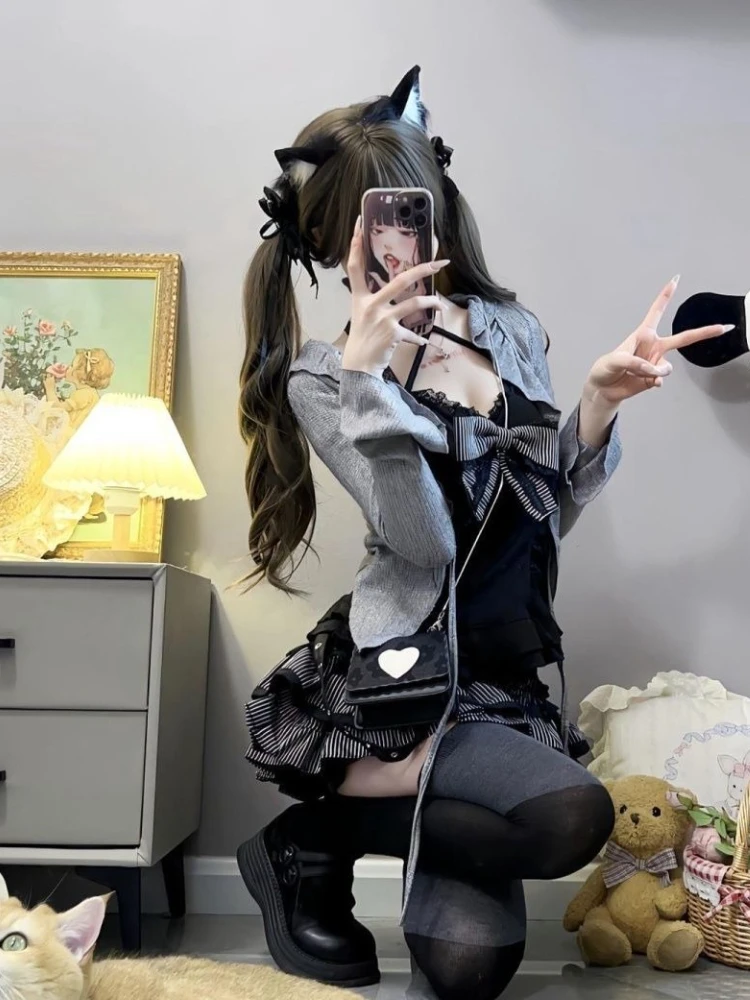 Y2k القوطية الزي النساء ثقافة فرعية لطيف القوس مجموعة فستان الحلو الجرونج المحاصيل القمم + ميدي تنورة موضة الحلو الأمريكية E-girl الخريف #2