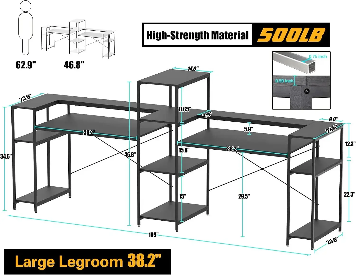 Two Person Computer Desk with Storage Shelves, 109 inches Extra Long Double Workstation Desk with Printer Shelf & Monitor Stand,