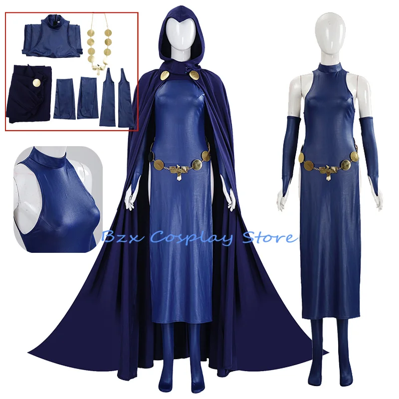 

Anime Titan Cosplay Super Woman Hero Raven Costume Newly Purple Dress Hooded Cloak Set Halloween Party Play Outfit