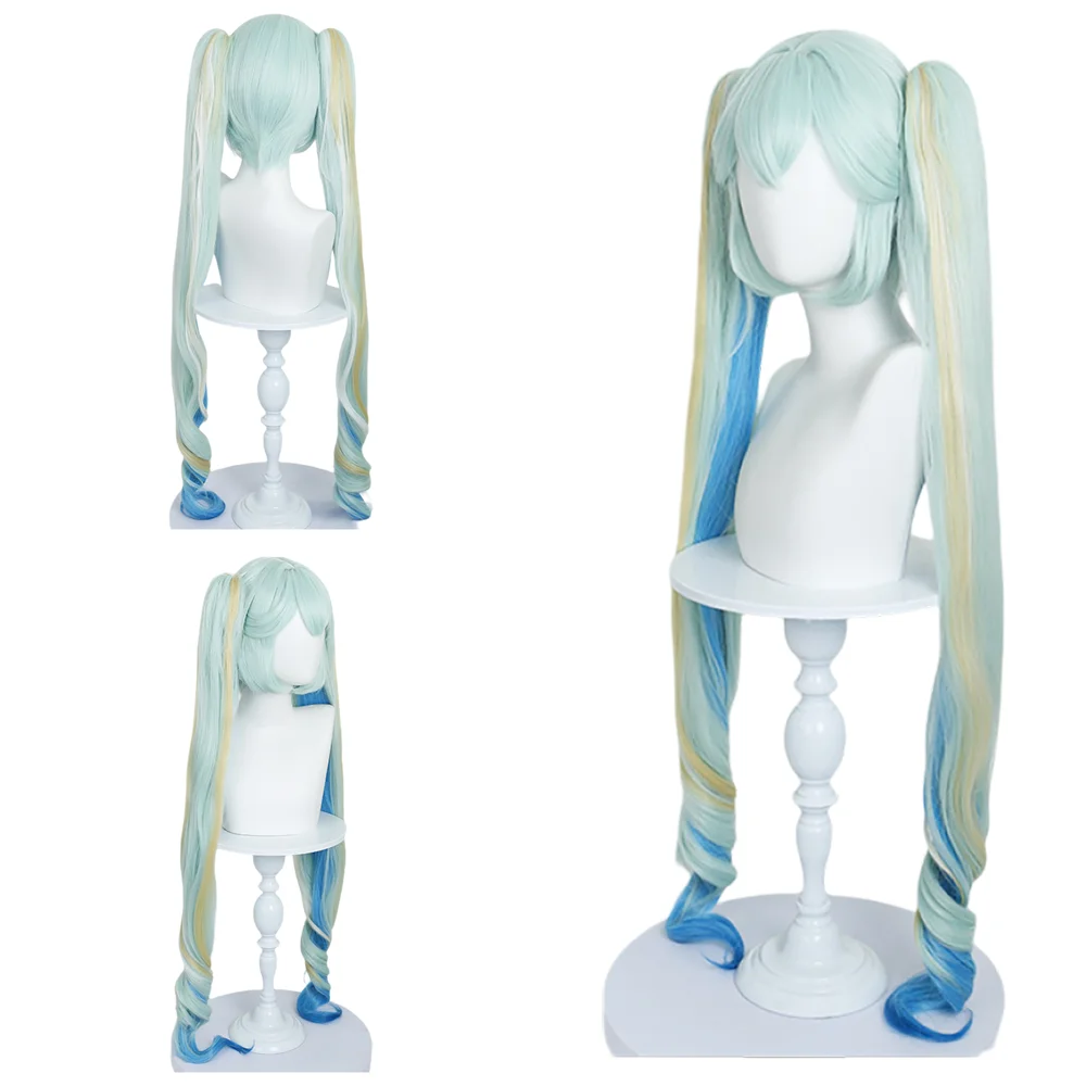 Anime Cosplay Wigs Long Curly Double Ponytail Wig Mint Blue with Blonde Blue Highlights Heat Resistant Synthetic Hair For Women