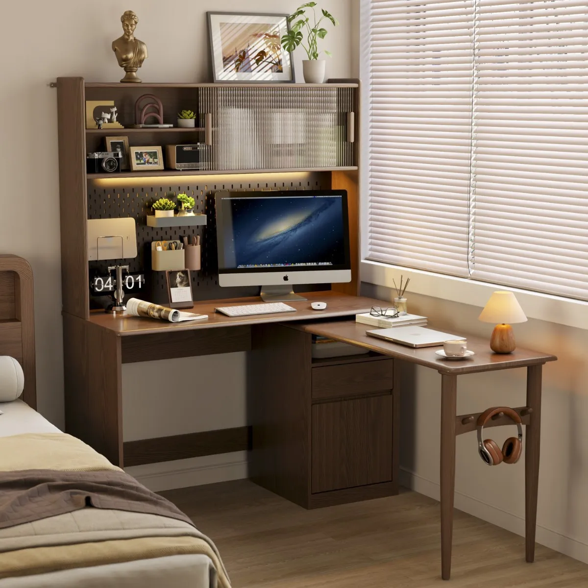 Household solid wood folding desk bookcase integrated bedroom corner writing rotating small apartment student home study table