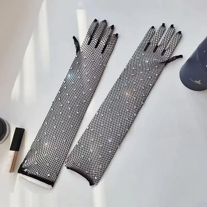 Sexy Fishnet Rhinestone Long Hand Gloves Women Stretchy Shiny Diamond Black Lace Gloves Club Full Finger Ultra-Thin Mesh Mittens