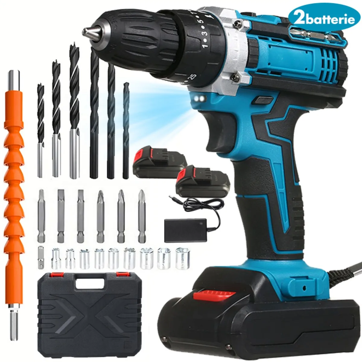Комбинированный комплект дрели 36VF, 2 аккумулятора и быстрое зарядное устройство и портативный корпус с рабочим освещением, 2 регулируемые скорости