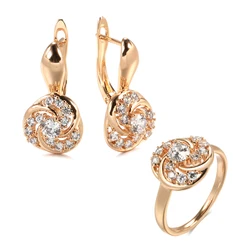 Kinel New 585 Rose Gold Earrings Ring Sets for Women Natural Zircon Flower Earrings Trend Unusual Creative Wedding Jewelry 2022
