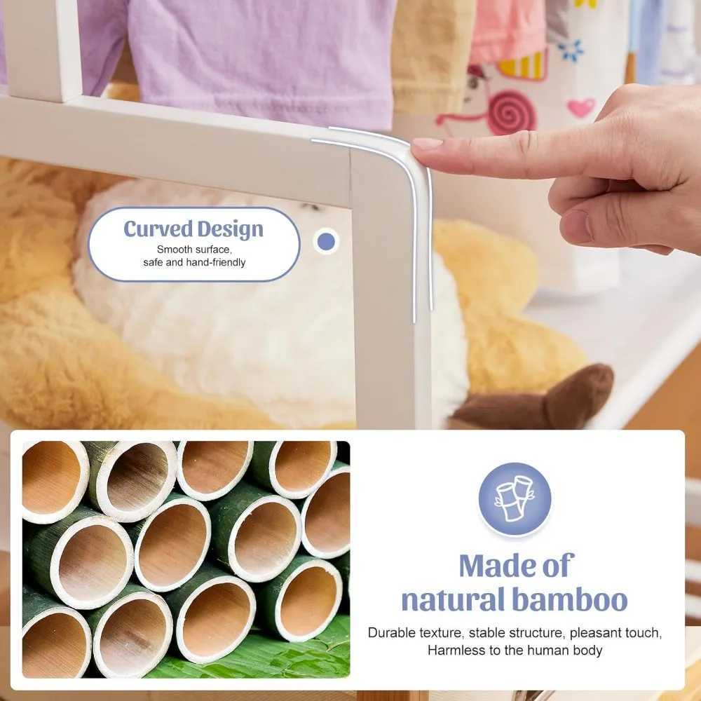 رف ملابس للأطفال مصنوع من الخيزران مع سلتين للتخزين وقضبان تعليق قابلة للتعديل، وحامل ملابس للأطفال مع رف، وحامل تلبيس f #6