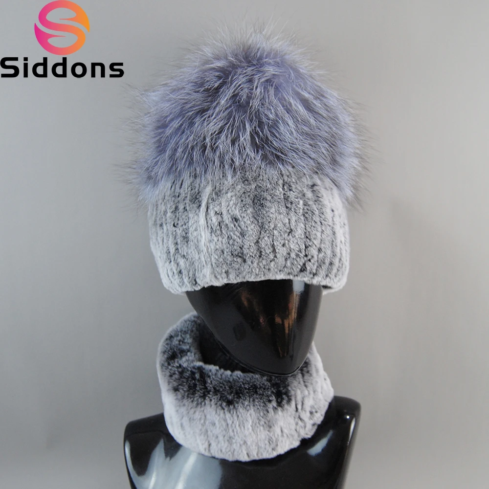 Women Brand Luxury Winter Real Silver Fox Fur Hat Scarf 2 Pieces Knitted Rex Rabbit Fur Hat Top Natural Fox Fur Cap Scarves Sets