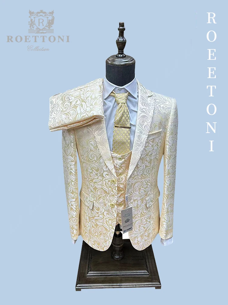 

High Quality Men Wedding Suits Three-Piece Coat+Vest+Trousers ivory White Printing Club Party Male Dress Slim Fit Single Breast