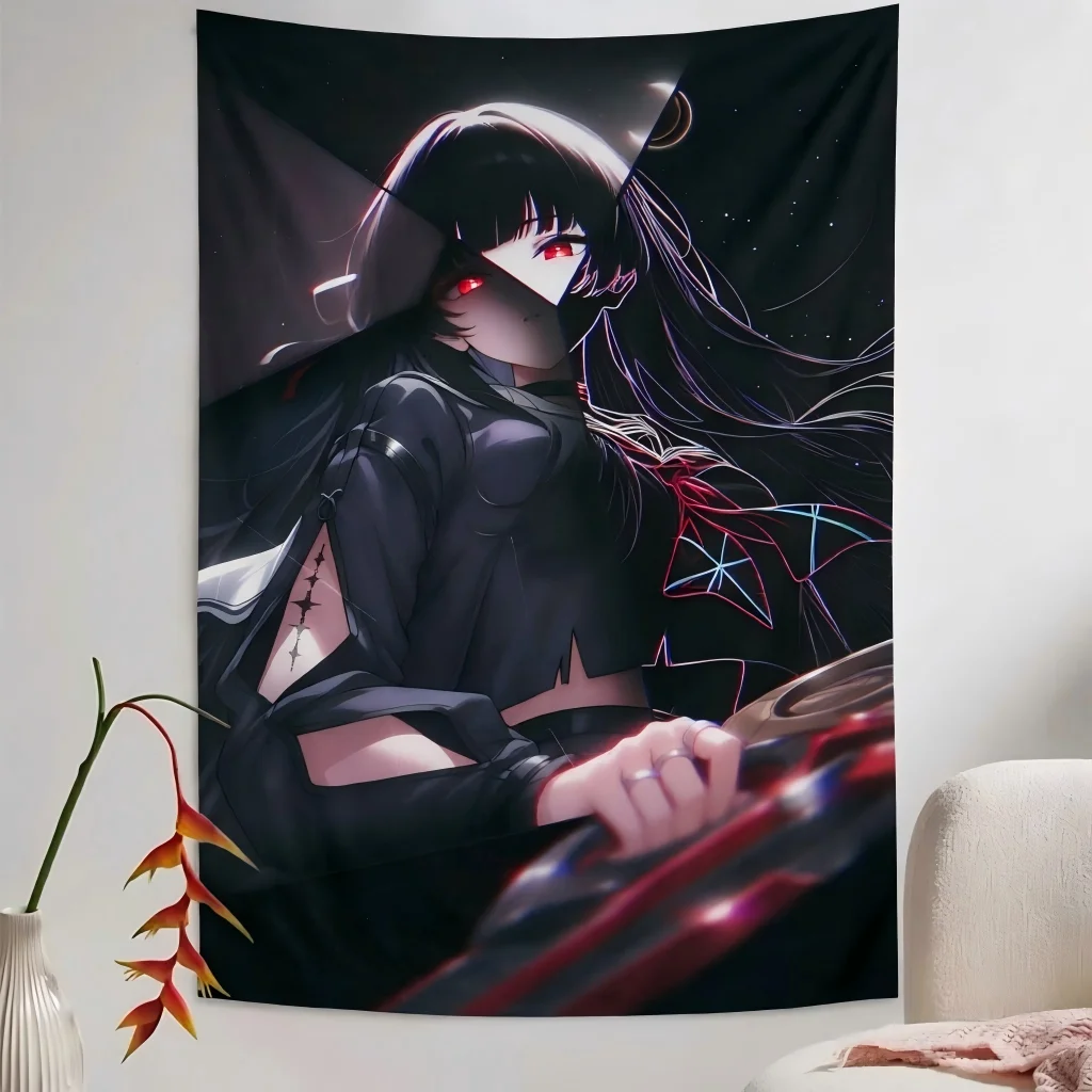 Dark Anime Girl Tapestry, Cyber Gothic Red Eyes Aesthetic Wall Hanging, Glitch Cyber Style Wall Hanging Art for Dorm Bedroom