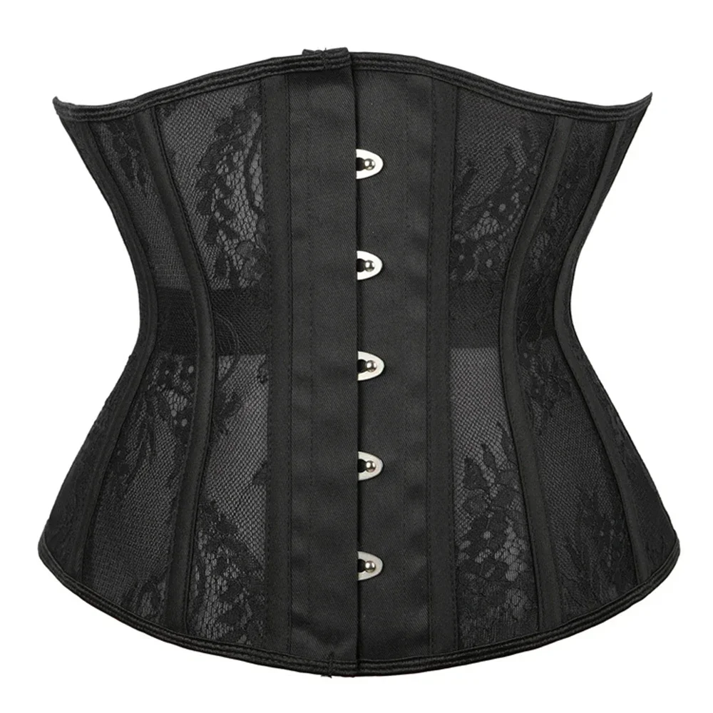 Women Short Torso Waist Corselet Gothic Bustier Sexy Mesh Lace Waist Trainer Slimming Underbust 14 Steel Boned Corset Black