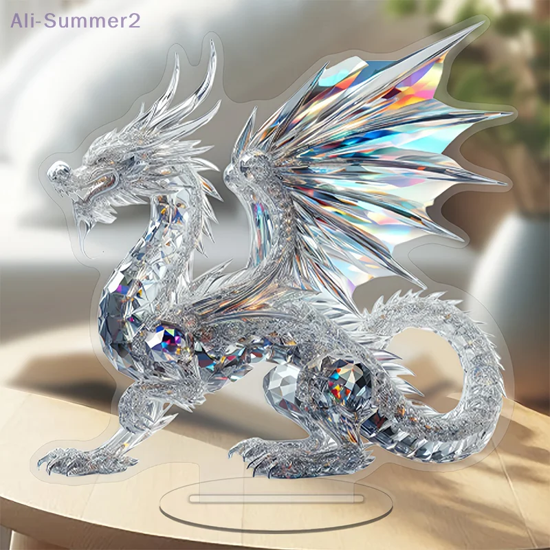 Acryl Weiße Kristall Drachen Statue 2D Flache Coole Figur Home Office Cafe Zimmer Studio Vitrine Tisch Ornament Dekor Geschenk