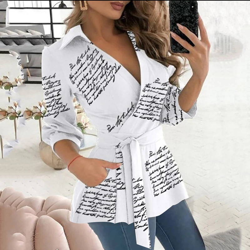 Fashion New Women Blouse Turn Down Collar Long Sleeve Higt Waist with Belt Slim Sexy V-Neck Shirt Elegant Office Blouse Female