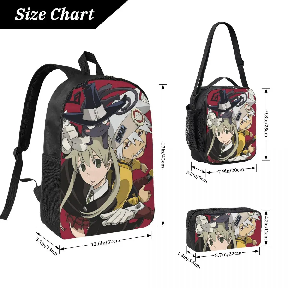 Soul Eater Anime Backpack Boys Girls BookBag School Bag Computer Shoulder Bags 3ps Insulated Lunch Bag Pencil Case