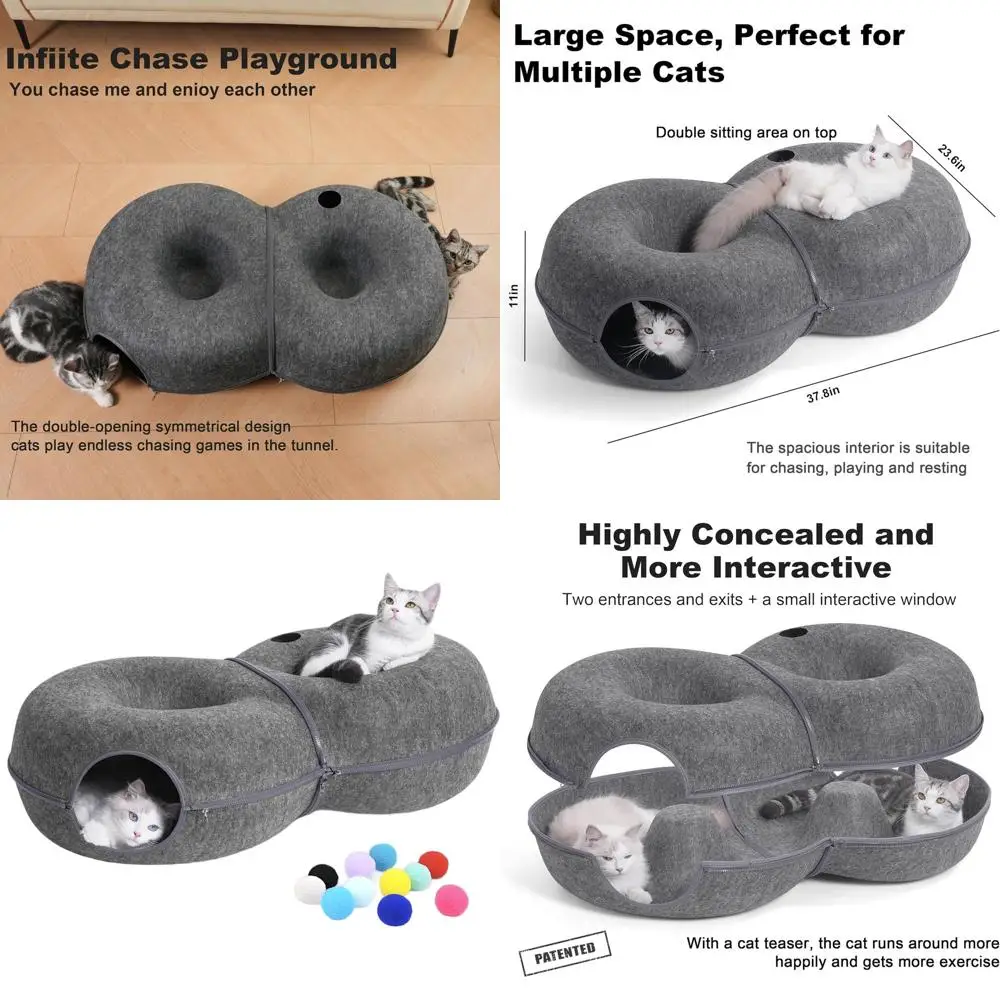 

Большой туннель-лежанка для кошек в форме восьмерки с 12 шариками, домашняя пещера-убежище для кошек до 13,6 кг, темно-серый, 96x61x28 см