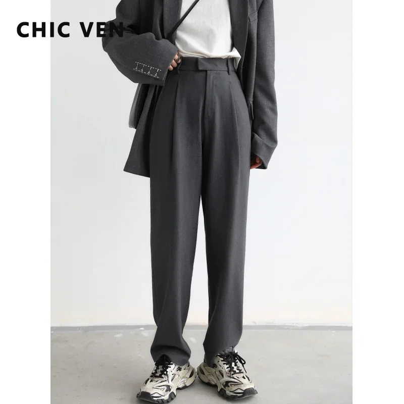 

CHIC VEN Simple Casual Women Twill Suit Pants Wide Leg Pants Straight Floor Pants Office Ladies Female Trousers