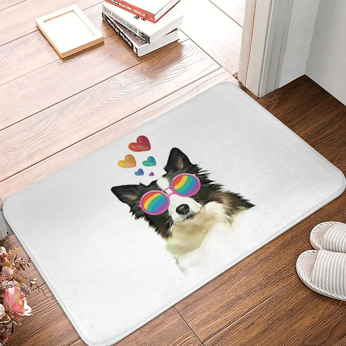 Border Collie perro con corazones Día de San Valentín felpudo antideslizante alfombra para entrada de cocina balcón alfombrillas
