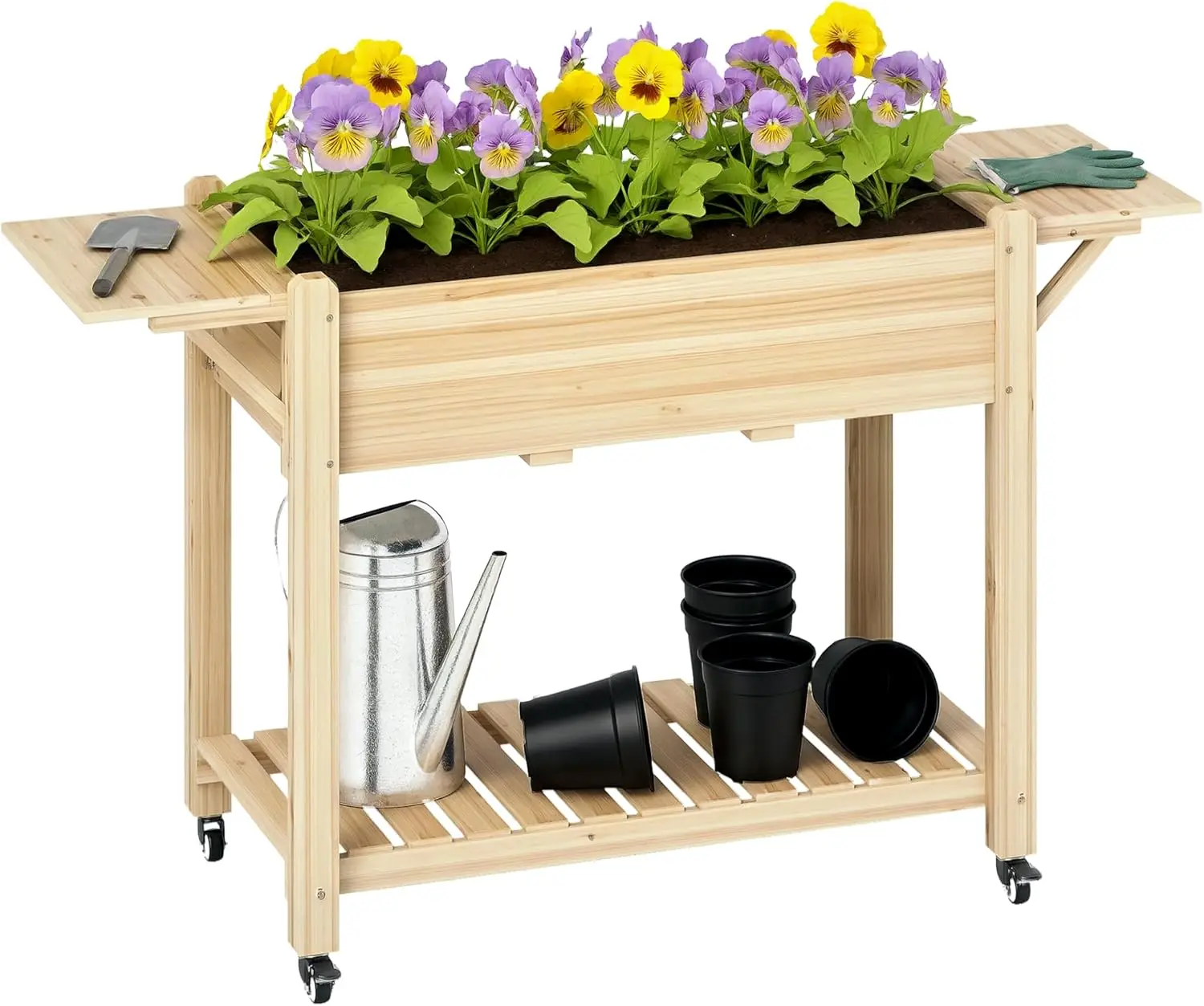 

Поднятая садовая кровать, деревянный приподнятый ящик для цветов 57 x 20,5 x 34 дюйма с запираемыми колесами, приставными столиками и нижней полкой, подъемником на открытом воздухе