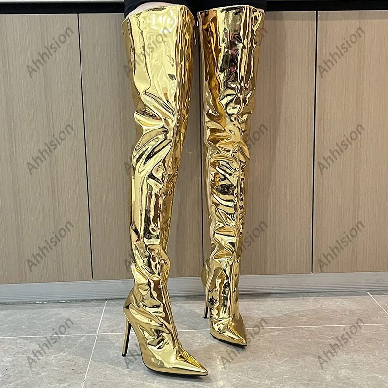 Ahhlsion New Fashion Women Winter Thigh Boots Stiletto Heels Pointed Toe Gold Silver Cosplay Shoes Ladies US Plus Size 5-15