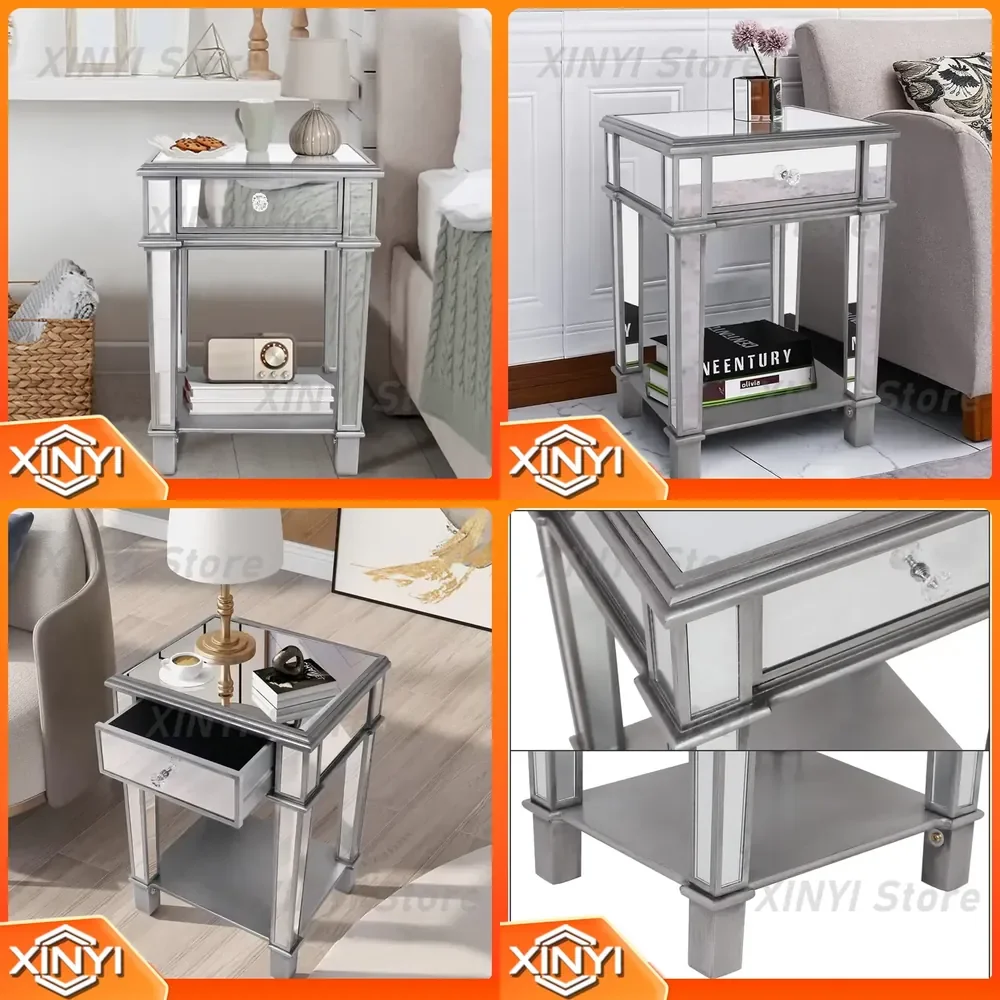 for Silver Mirrored Bedside Table with Open Shelf Glass Nightstand for Bedroom Living Room Modern Storage Cabinet Furniture