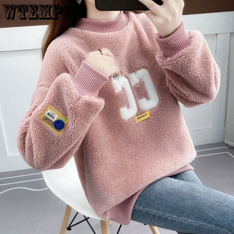 

WTEMPO Women's Long Sleeve Fleece Sweatshirt Crewneck Loose Casual Pullover Winter Fall Plush Coat Outwear Warm Sherpa Outcoat