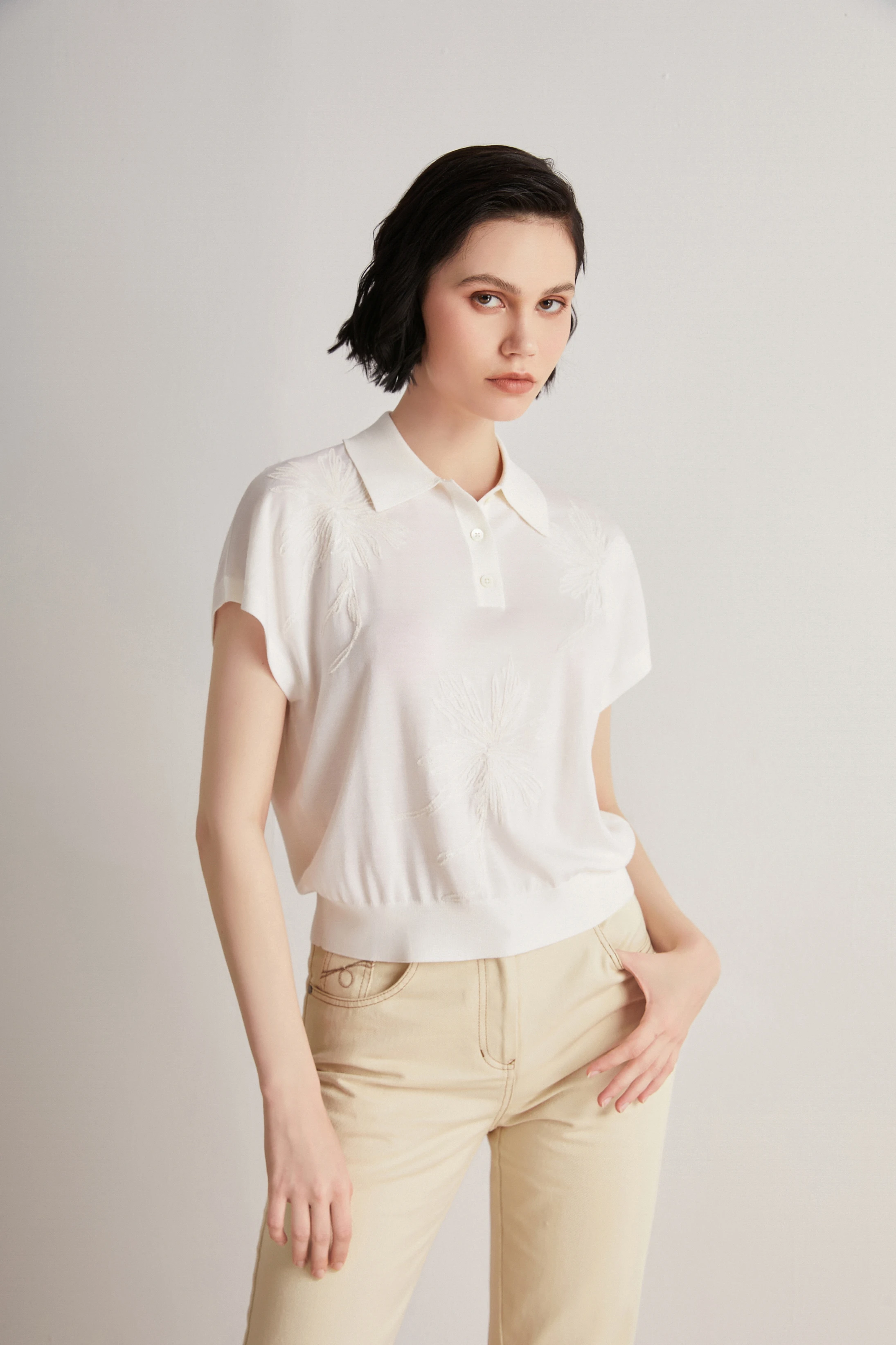 Exquisitely trimmed merino wool silk short sleeve blouse