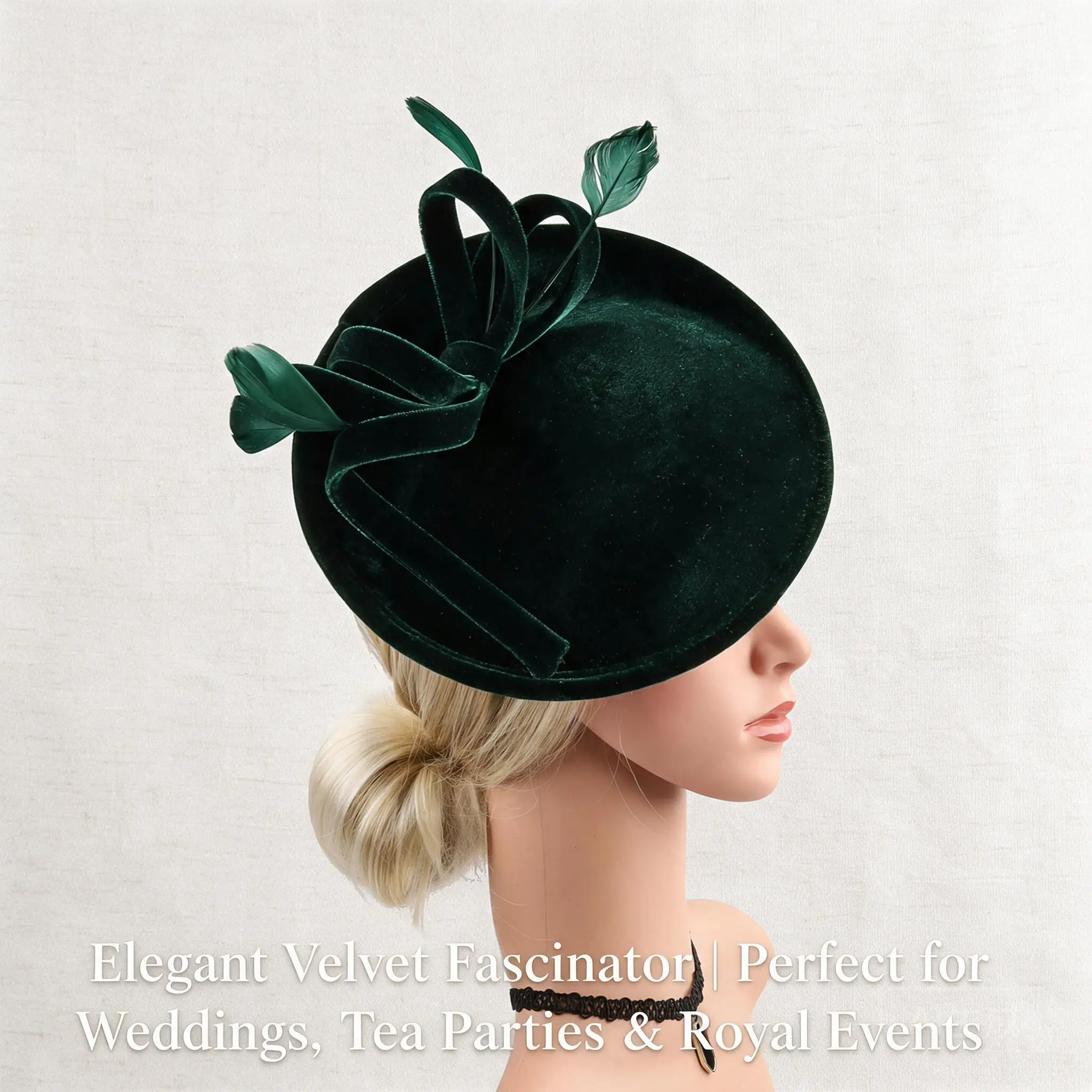 Elegant Dark Green Velvet Fascinator Hat With Feather Decor For Lady Wedding Bridal Prom Cocktail Tea Party Formal Event Headwea