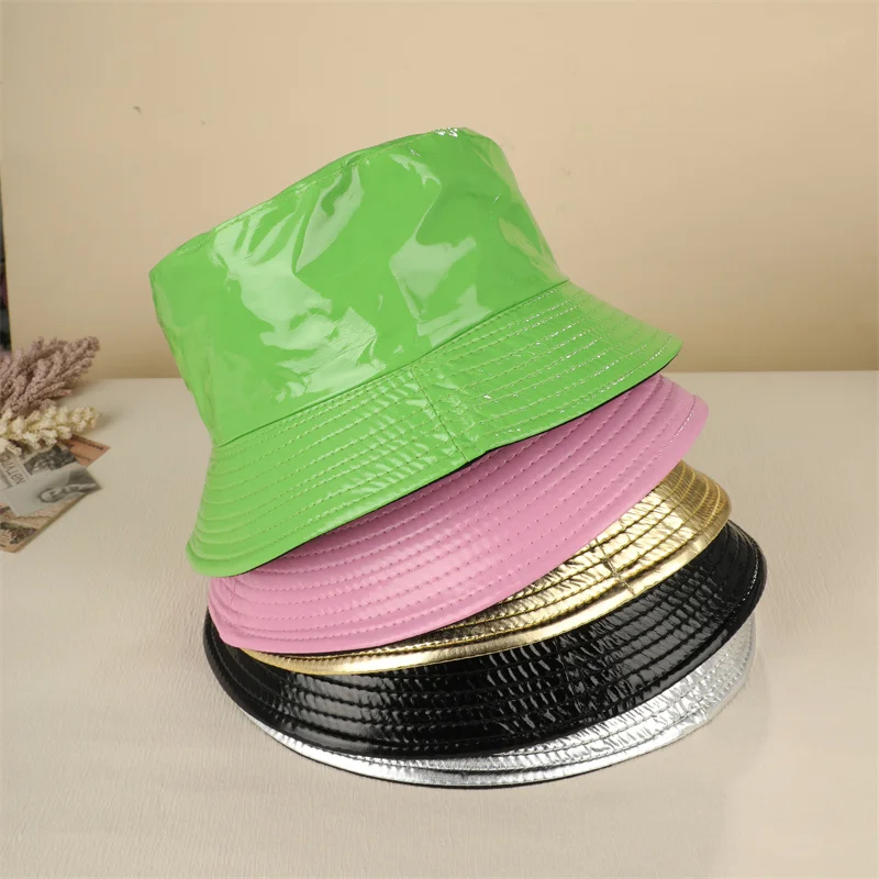 2023 Fashion Bucket Hat Women Girls Leather Solid Panama Cap Hat Hiking Hat Fishing Cap Foldable Hip-Hop Street Waterproof