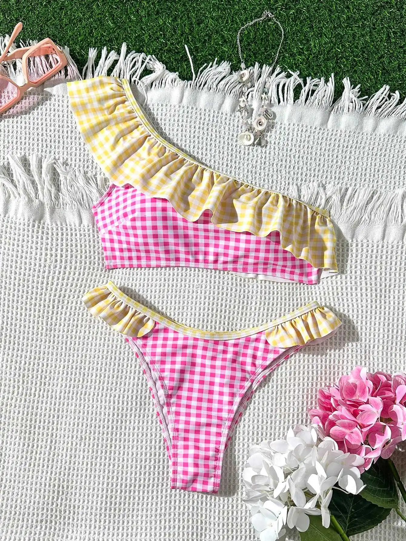 sexy one shoulder ruffles bikinis sets two pieces high waist plaid swimsuits bathing suit swimwear biquini tankini trikini
