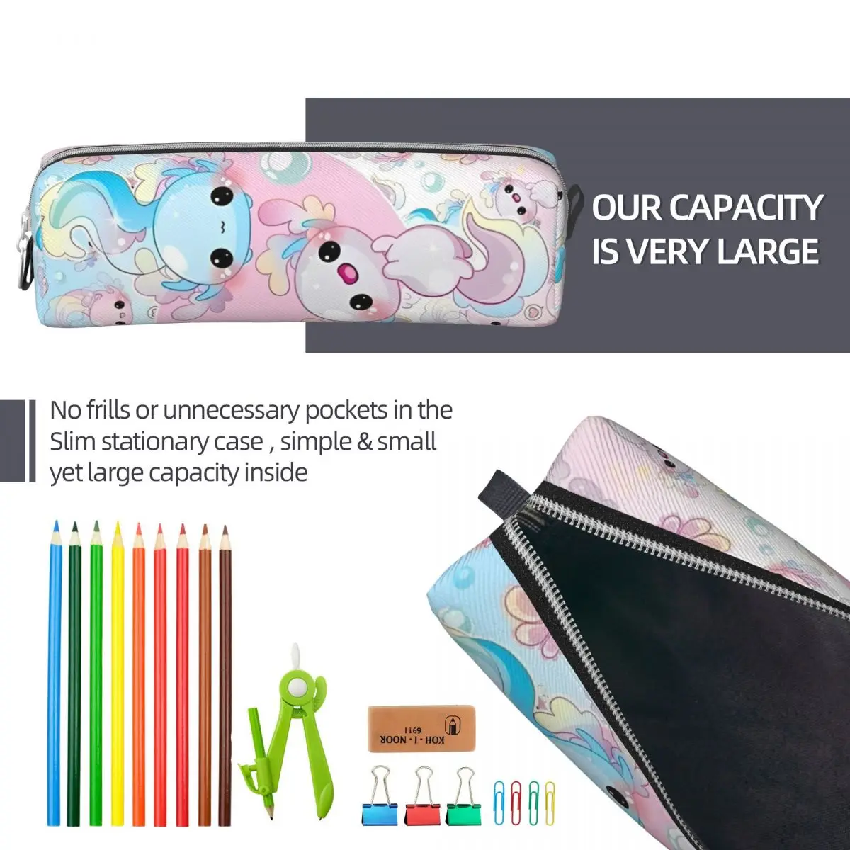 Imagem -06 - Estojos de Lápis Axolotl Animal Bolsa Mexicano Salamandra Pen Box para Menina e Menino Grande Capacidade Material Escolar Lápis Pouch Gift