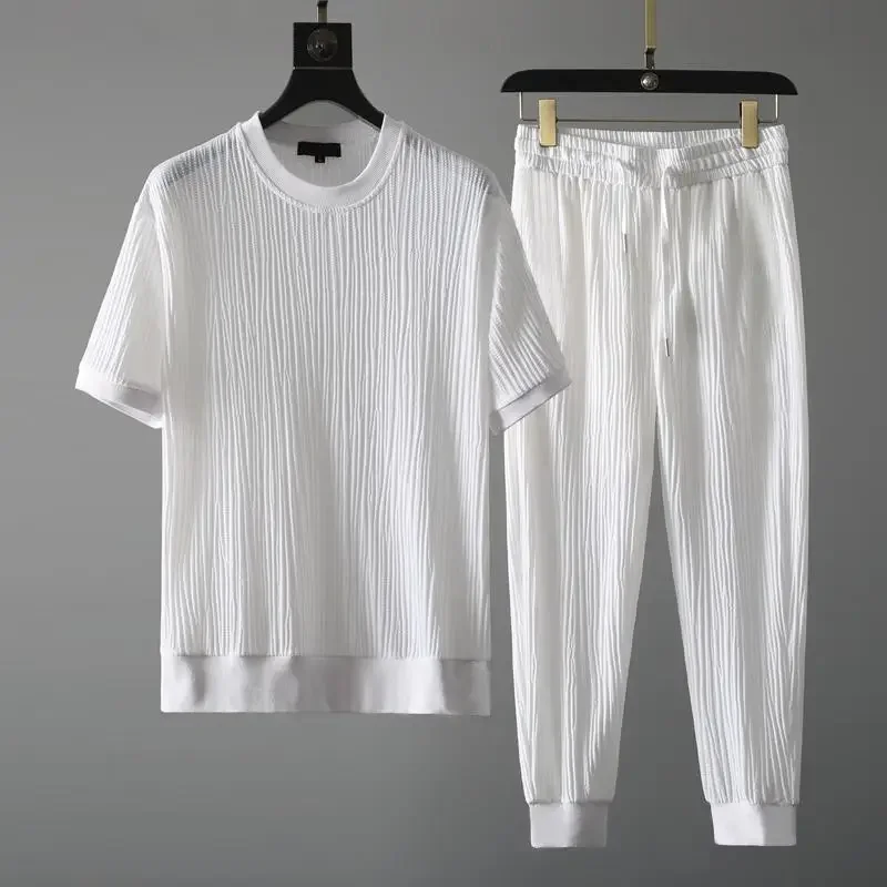 Summer Casual Suit Men's 2025 New Round Neck Elastic Breathable Pleated Short-sleeved Nine-point Pants Thin One Set