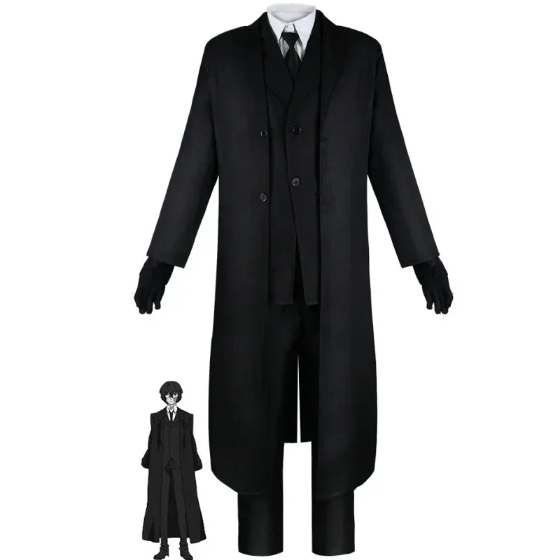 Anime Bungo Stray Dogs Osamu Dazai Cosplay Port Mafia Full Set Black Trench Coat Wig Shirt Tie Christmas Party Anime Clothes view 3
