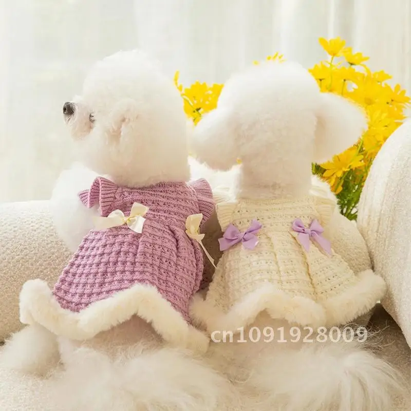 

Hollow Knitting Pet Cat Dress Clothes Autumn Purple Female Dog Overall Puppy Pet French Winter Bow Warm Bulldog for Tie Decorate