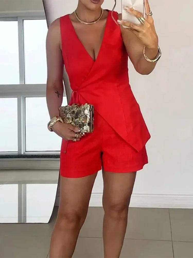 

Сексуальный женский жилет и шорты на шнуровке, однотонный топ без рукавов с v-образным вырезом, короткие брюки с эластичной резинкой на талии, женские наряды, летняя женская верхняя одежда