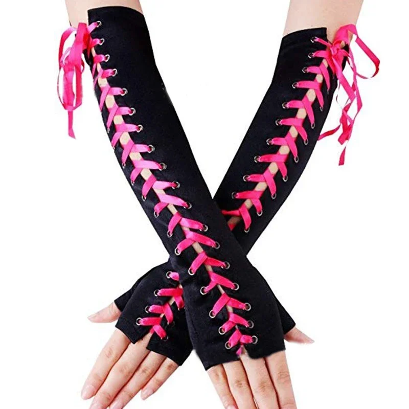 المرأة مثير ضمادة الشريط لجام الدانتيل الساتان قفازات طويلة تأثيري مرحلة العروض لوليتا شخصية الموضة القفازات
