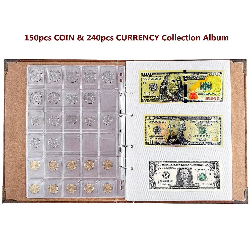 PU Leather Coins Collection Holder Penny Currency Storage Book Coin with 150 Coin Pockets&240 Paper Currency Pockets