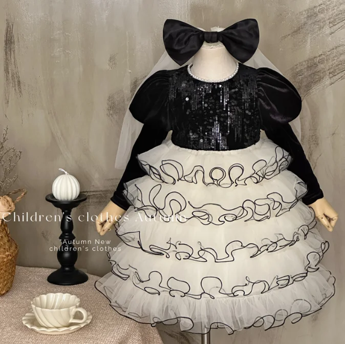 

Новое детское осеннее черное сетчатое платье с длинными рукавами и блестками, детские модные вечерние платья принцессы, От 2 до 8 лет