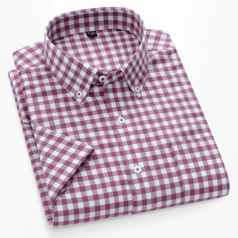 New Oversized S~5XL Pure Cotton Oxford Plaid Social Shirts For Mens Short Sleeve Dress Shirt Male Casual Soft Blouses Clothing