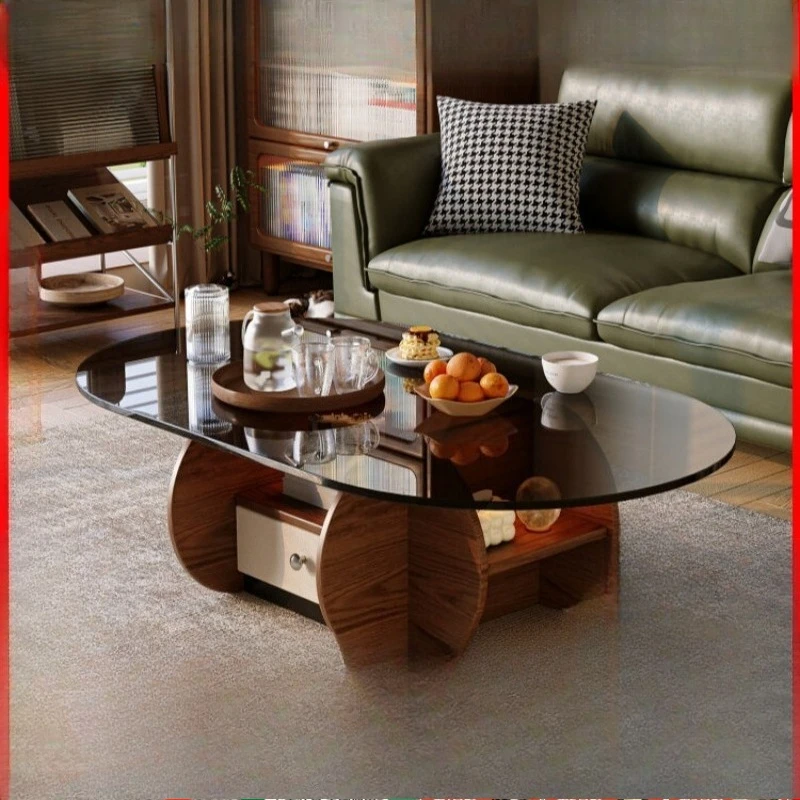 

Small niche oval solid wood coffee table young people tea table glass small low table