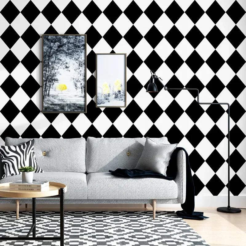 Scandinavische stijl behang ins televisie achtergrond zwart-wit geruite diamant slaapkamer woonkamer moderne eenvoudige woonkamer behang