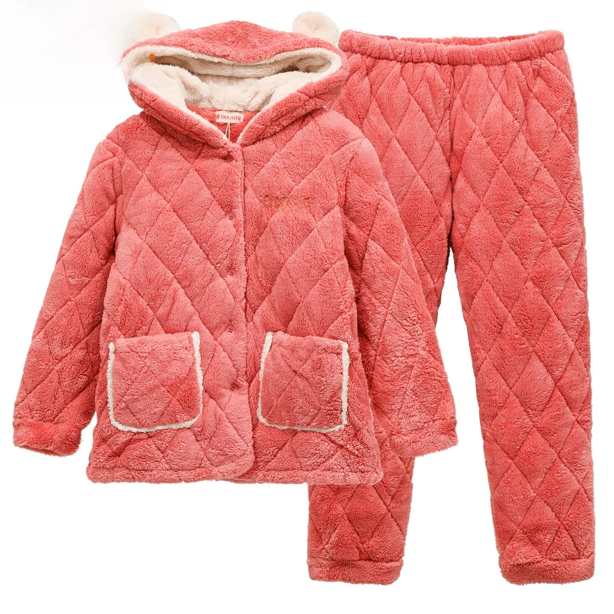 Doral 2024 Ropa de Invierno para Mujer, Conjunto de Ropa para el Hogar de Algodón Grueso con Forro Polar Coral, con Capucha, L5338, Estilo Dulce y Lindo, Manga Larga