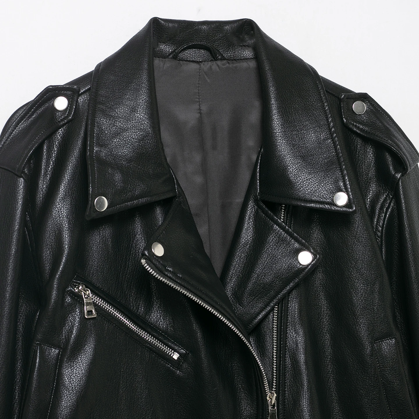 جديد خريف 2025 معطف Jaet Street Sle طويل Sve ort معطف مسطح ذو طية صدر السترة وسحاب مائل من الجلد Jaet